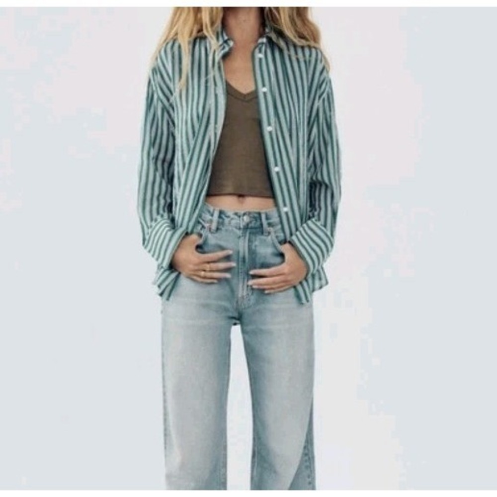 Zara Women's Striped Long-Sleeve Cotton Button-Up Green Size M NWOT